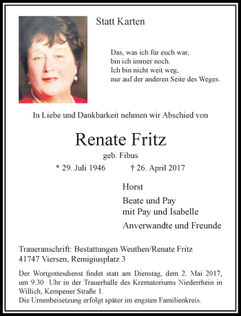 Traueranzeige von Renate Fritz von Rheinische Post