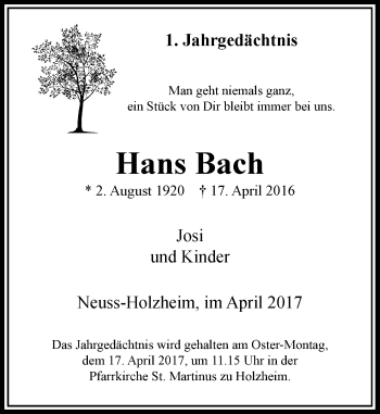 Traueranzeige von Hans Bach von Rheinische Post