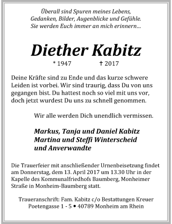 Traueranzeige von Diether Kabitz von Rheinische Post