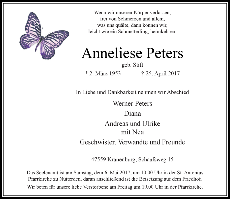  Traueranzeige für Anneliese Peters vom 29.04.2017 aus Rheinische Post