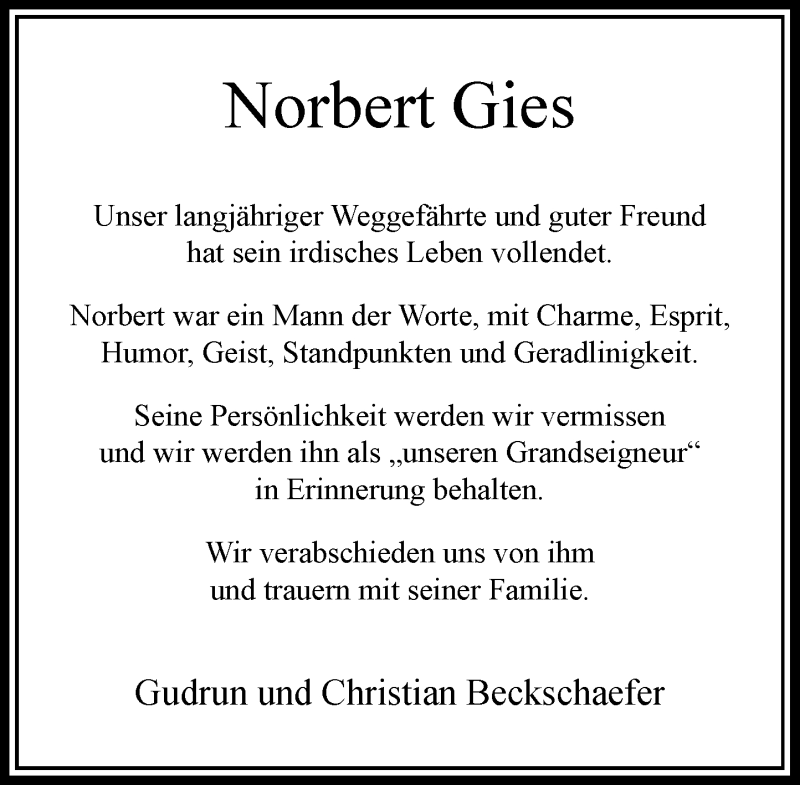 Traueranzeige für Norbert Gies vom 22.04.2017 aus Rheinische Post