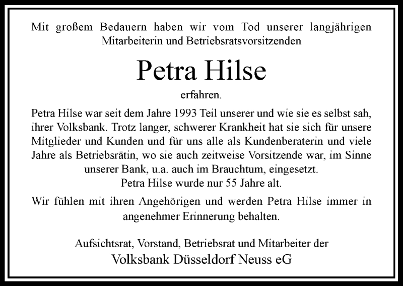  Traueranzeige für Petra Hilse vom 12.04.2017 aus Rheinische Post