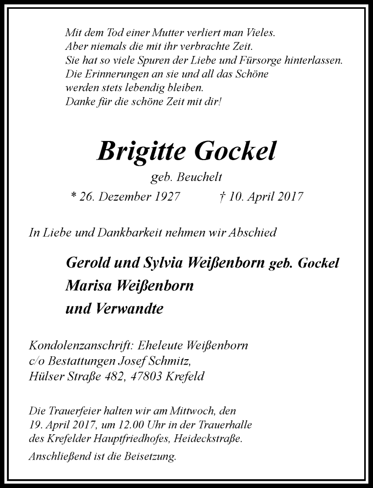  Traueranzeige für Brigitte Gockel vom 15.04.2017 aus Rheinische Post