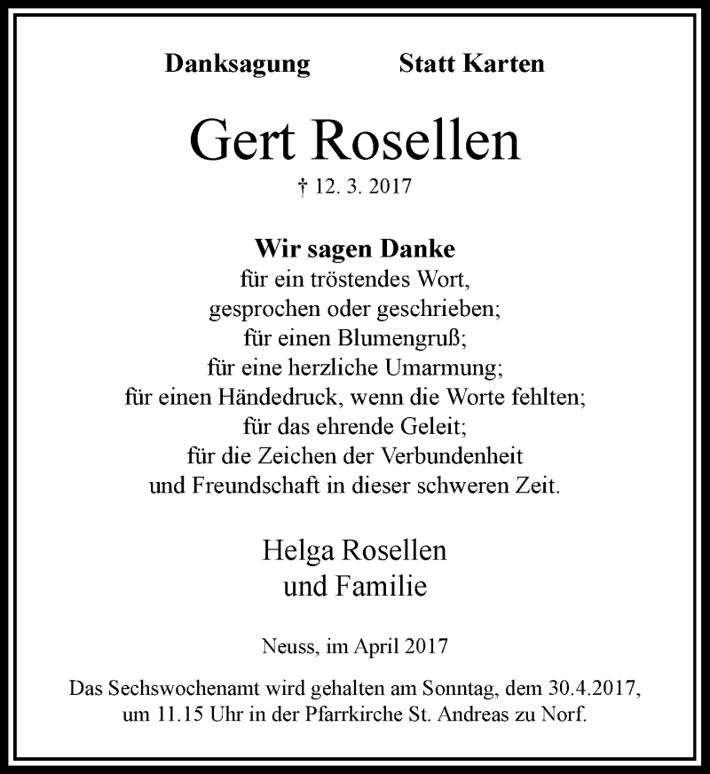 Traueranzeige für Gert Rosellen vom 22.04.2017 aus Rheinische Post