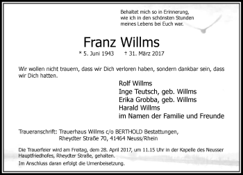 Traueranzeige von Franz Willms von Rheinische Post