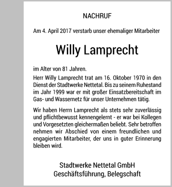 Traueranzeige von Willy Lamprecht von Rheinische Post