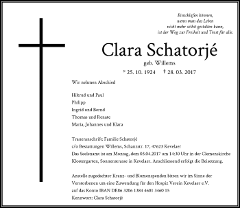Traueranzeige von Clara Schatorjé von Rheinische Post