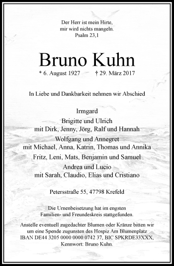 Traueranzeige von Bruno Kuhn von Rheinische Post