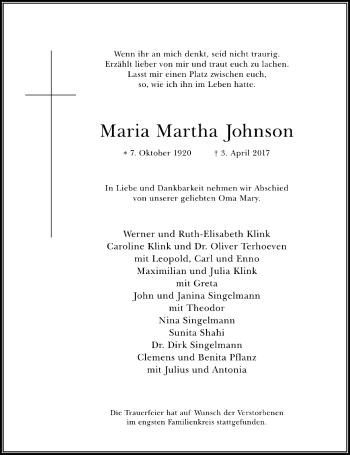 Traueranzeige von Maria Martha Johnson von Rheinische Post