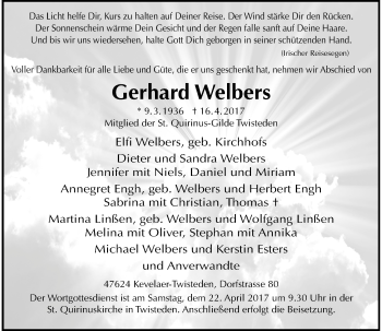 Traueranzeige von Gerhard Welbers von Rheinische Post