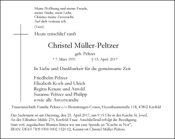 Traueranzeige von Christel Müller-Peltzer von Rheinische Post