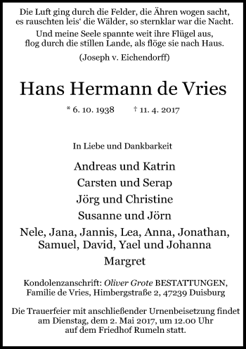 Traueranzeige von Hans Hermann de Vries von Rheinische Post