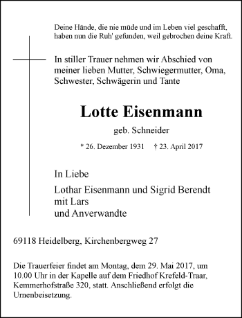 Traueranzeige von Lotte Eisenmann von Rheinische Post