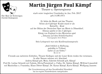 Traueranzeige von Martin Jürgen Paul Kämpf von Rheinische Post
