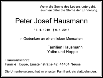 Traueranzeige von Peter Josef Hausmann von Rheinische Post