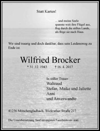 Traueranzeige von Wilfried Brocker von Rheinische Post