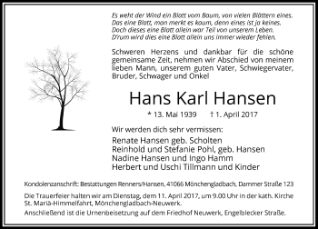 Traueranzeige von Hans Karl Hansen von Rheinische Post