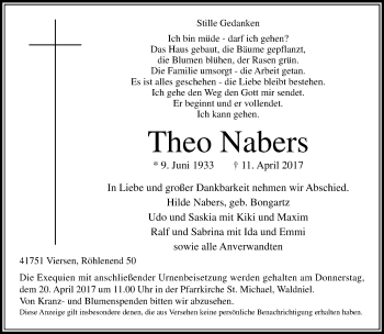 Traueranzeige von Theo Nabers von Rheinische Post