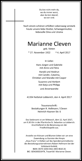 Traueranzeige von Marianne Cleven von Rheinische Post