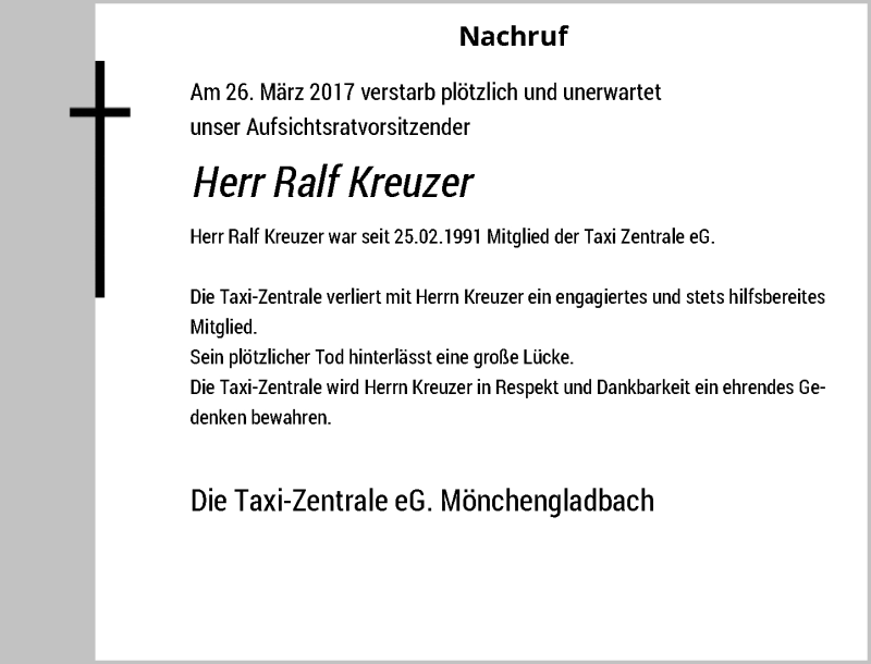  Traueranzeige für Ralf Kreuzer vom 12.04.2017 aus Rheinische Post