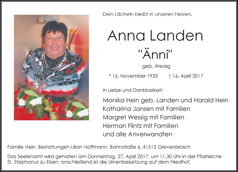  Traueranzeige für Anna Landen vom 22.04.2017 aus Rheinische Post
