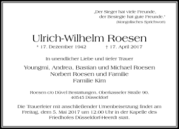 Traueranzeige von Ulrich-Wilhelm Roesen von Rheinische Post