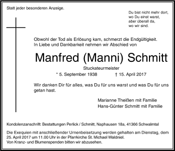 Traueranzeige von Manfred Schmitt von Rheinische Post