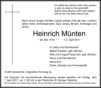 Traueranzeige von Heinrich Münten von Rheinische Post