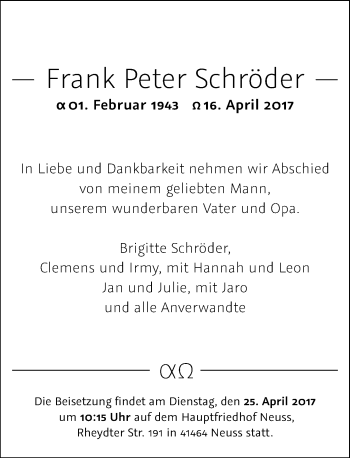 Traueranzeige von Frank Peter Schröder von Rheinische Post