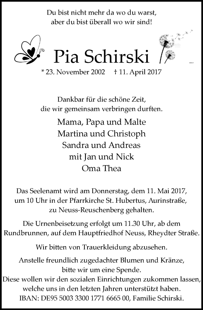  Traueranzeige für Pia Schirski vom 29.04.2017 aus Rheinische Post