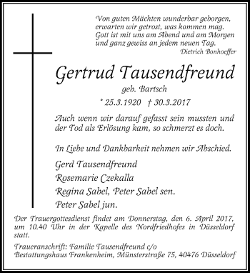 Traueranzeige von Gertrud Tausendfreund von Rheinische Post