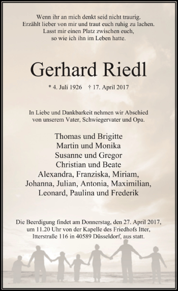 Traueranzeige von Gerhard Riedl von Rheinische Post