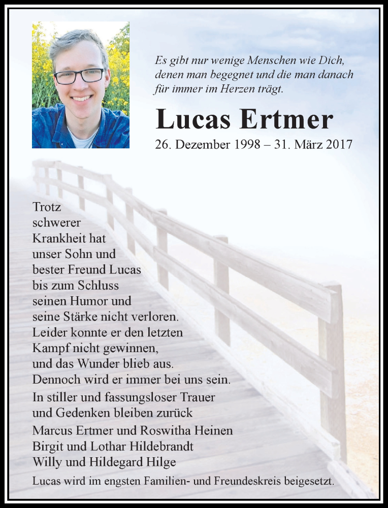  Traueranzeige für Lucas Ertmer vom 04.04.2017 aus Rheinische Post