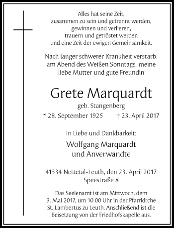 Traueranzeige von Grete Marquardt von Rheinische Post