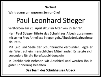 Traueranzeige von Paul Leonhard Stieger von Rheinische Post