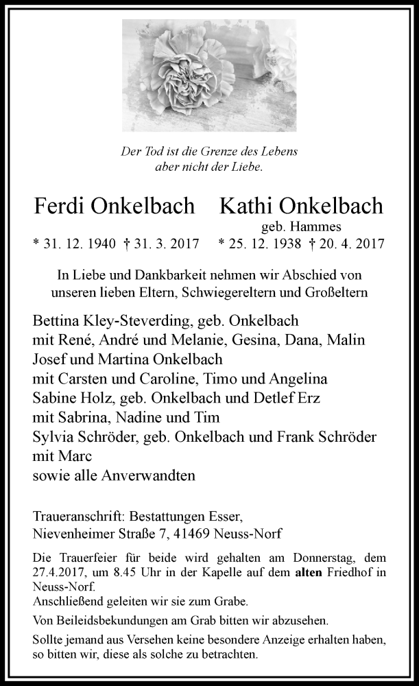  Traueranzeige für Ferdi/Kathi Onkelbach vom 22.04.2017 aus Rheinische Post