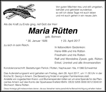 Traueranzeige von Maria Rütten von Rheinische Post