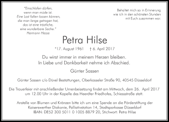Traueranzeige von Petra Hilse von Rheinische Post