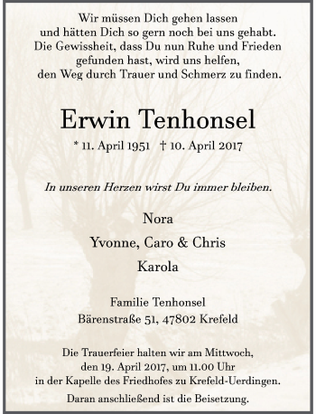 Traueranzeige von Erwin Tenhonsel von Rheinische Post