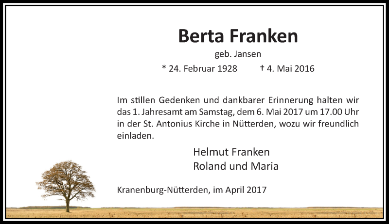  Traueranzeige für Berta Franken vom 29.04.2017 aus Rheinische Post