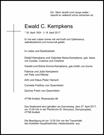 Traueranzeige von Ewald C. Kempkens von Rheinische Post