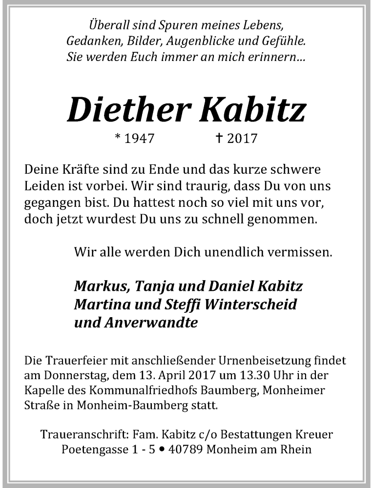  Traueranzeige für Diether Kabitz vom 08.04.2017 aus Rheinische Post