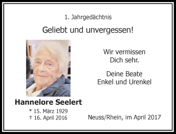 Traueranzeige von Hannelore Seelert von Rheinische Post