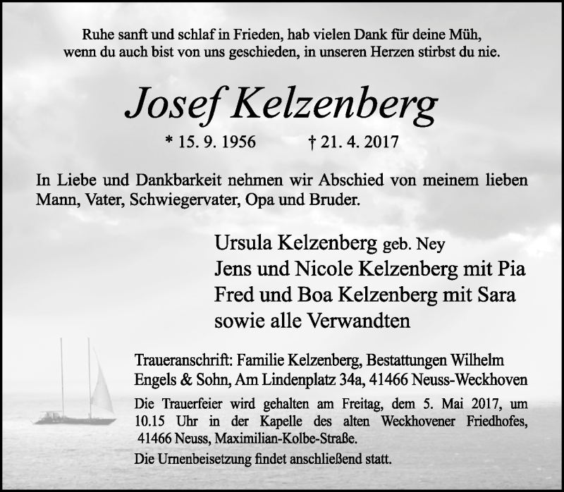  Traueranzeige für Josef Kelzenberg vom 29.04.2017 aus Rheinische Post