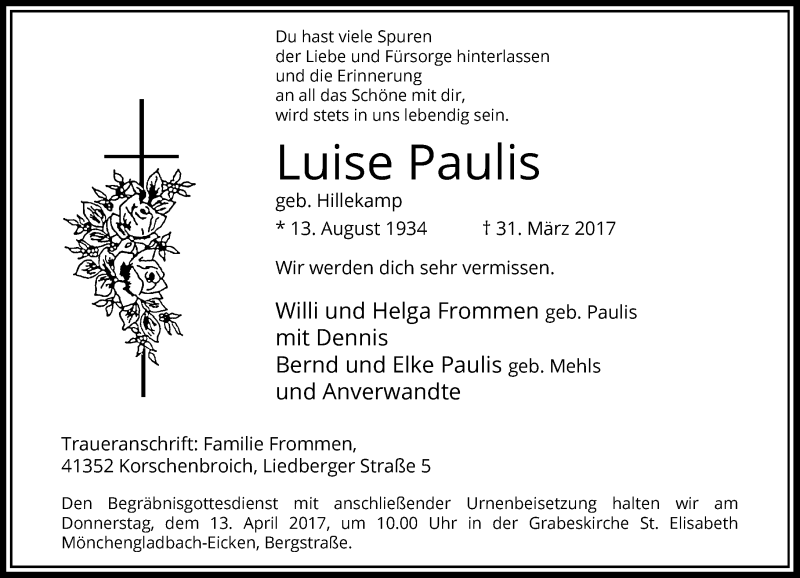  Traueranzeige für Luise Paulis vom 08.04.2017 aus Rheinische Post