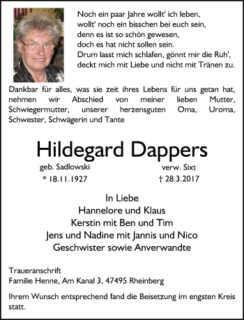 Traueranzeige von Hildegard Dappers von Rheinische Post