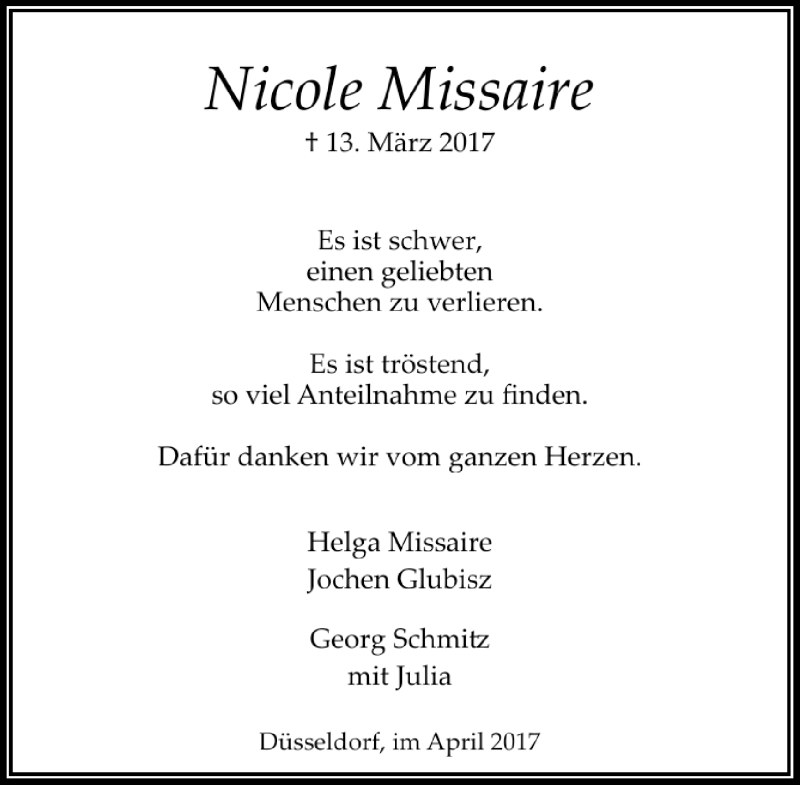  Traueranzeige für Nicole Missaire vom 22.04.2017 aus Rheinische Post