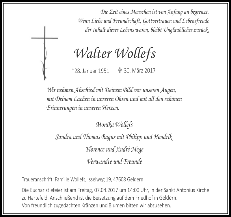  Traueranzeige für Walter Wollefs vom 01.04.2017 aus Rheinische Post