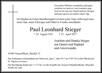 Traueranzeige von Paul Leonhard Stieger von Rheinische Post