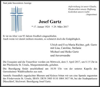 Traueranzeige von Josef Gartz von Rheinische Post